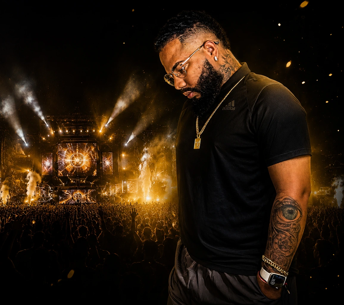 Thiago Mattos diante de um palco de grande porte com multidão e iluminação dourada