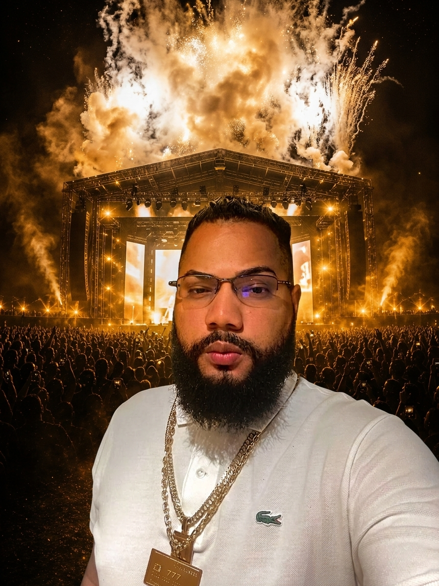 Thiago Mattos ao lado do artista Felipe Ret durante um grande show
